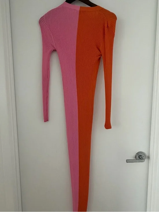 Staud Two-Tone Ribbed Long Dress in Pink & Orange size XS button down midi - Picture 3 of 4